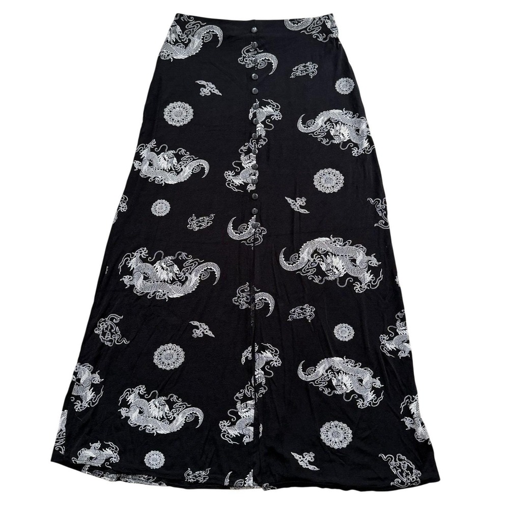 Vintage Es Se Goth Y2K Maxi Skirt Sz M Black & White Dragon Print Made In USA